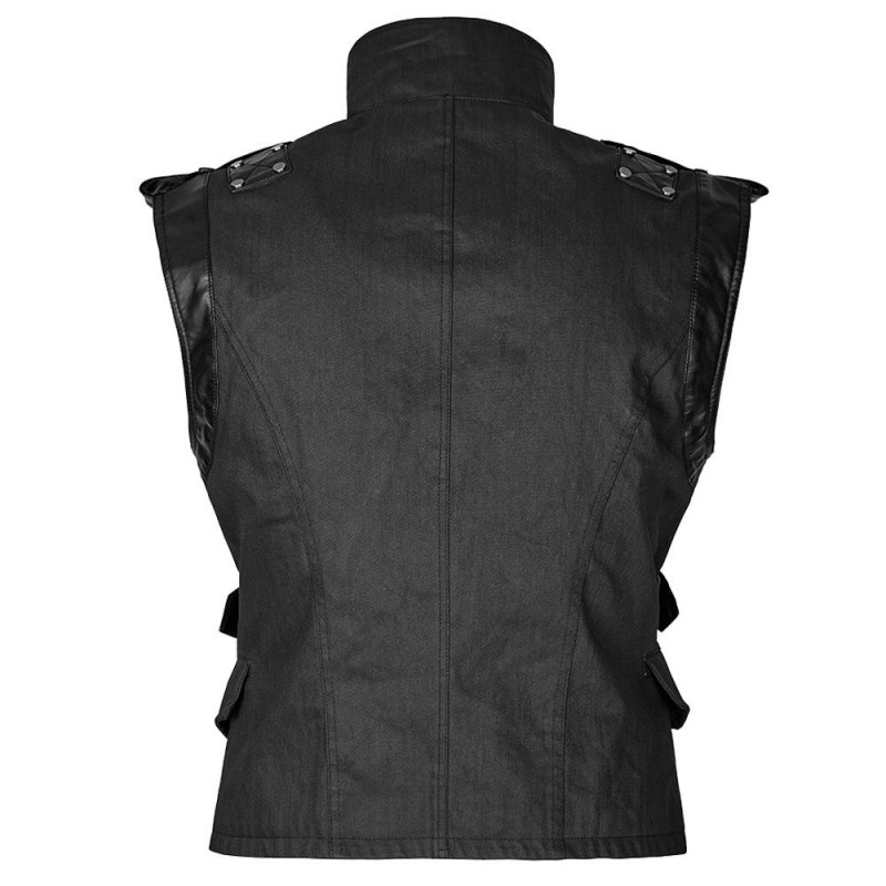 Mens Dieselpunk Military Waistcoat Vest Black Gothic Steampunk Leather 